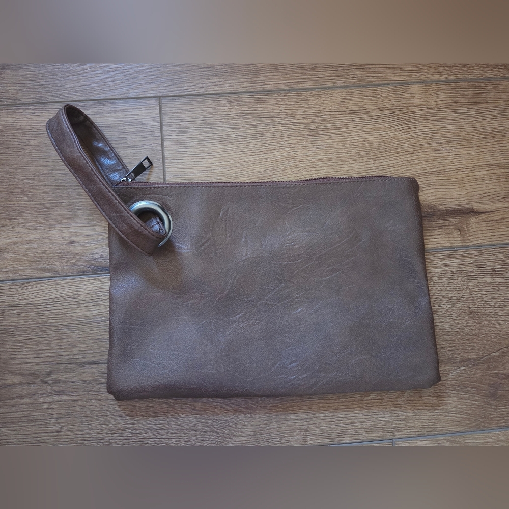 Brown Pleather Wristlet Clutch